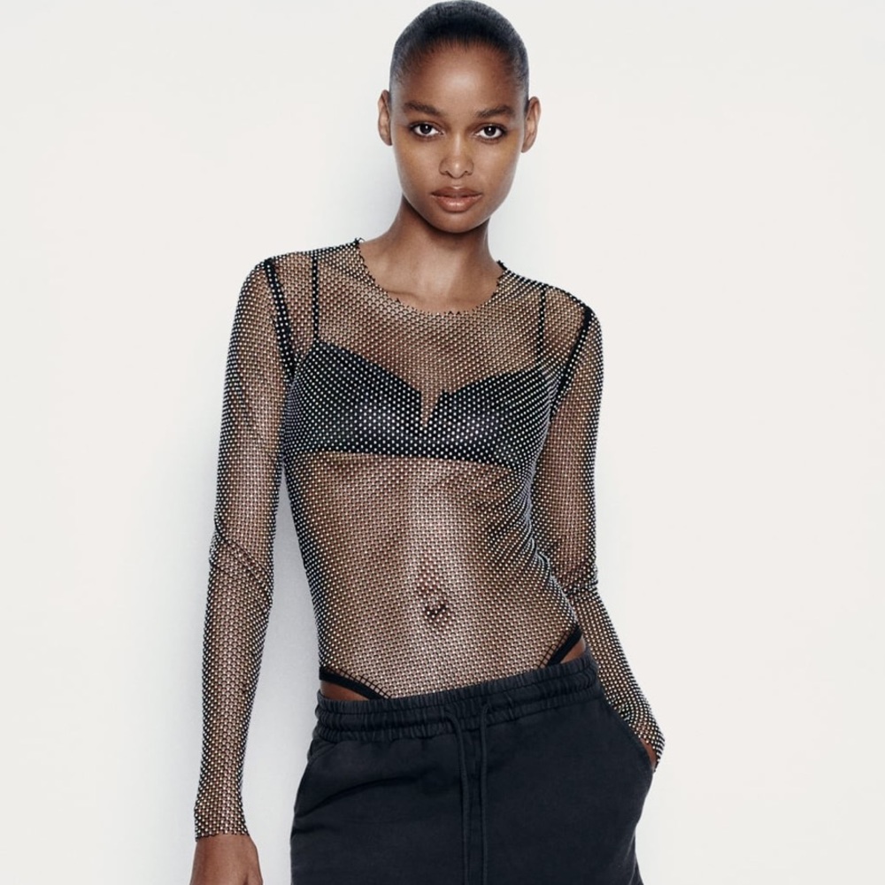 Zara Black Sheer Mesh Long-Sleeve Bodysuit with Crystals